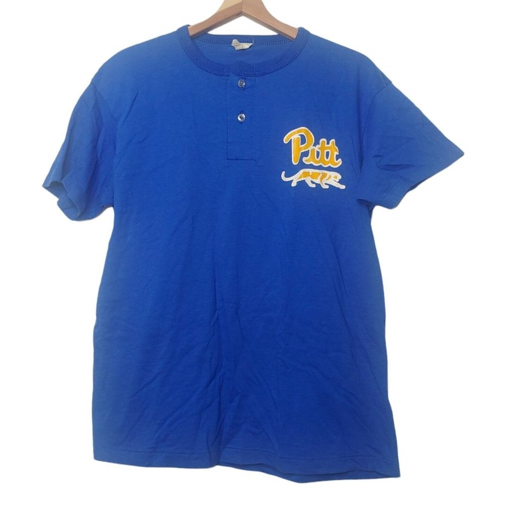 NEW Univ of Pitt Panthers BIKE Single Stitch Men L T Shirt Henley Blue READ NWOT